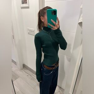 Deep Green Slim Ribbed Turtleneck Top